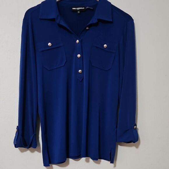 Karl Lagerfeld Blue 3/4 Sleeve Polo Collar Button Down Shirt - Picture 1 of 6